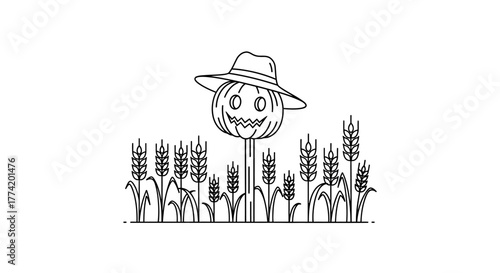 Delightful autumn scene featuring scarecrow with a smiling pumpkin head wearing hat