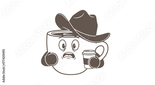 Humorous coffee cup cartoon character wearing a cowboy hat and holding takeaway cup