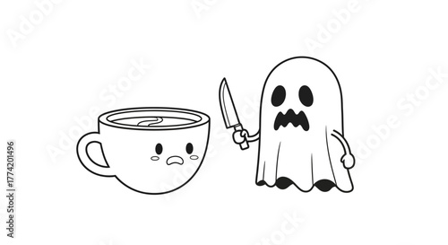Humorous Halloween illustration of a ghost wielding a knife menacing a nervous coffee cup