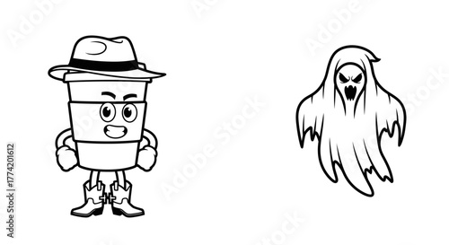 Coffee cowboy character facing a scary ghost perfect for halloween illustration  with humorous