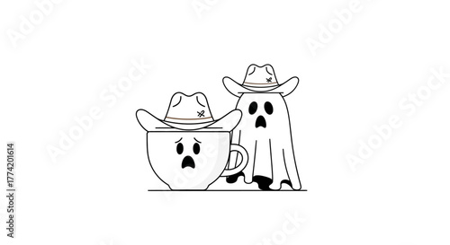 Whimsical illustration featuring a ghostly figure and a mournful teacup donning cowboy hats