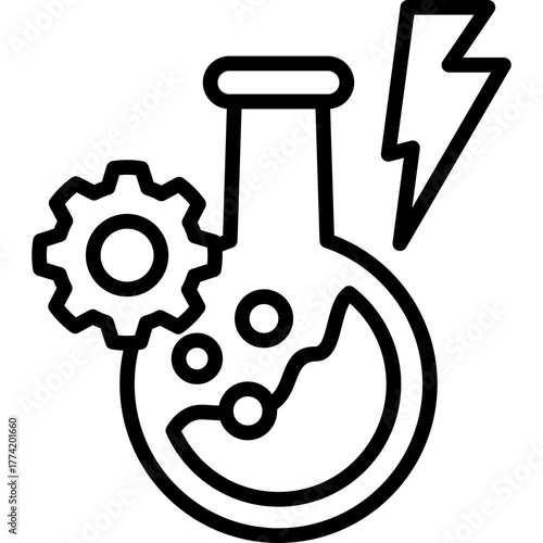 Catalyze Line Icon – Chemistry Reaction Process Symbol with Flask, Gear, and Lightning Bolt for Innovation Concept
