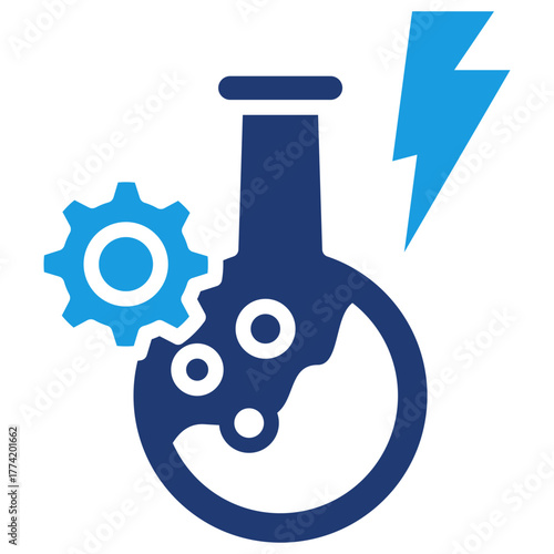 Catalyze Glyph Blue Icon – Chemistry Flask with Gear and Lightning Symbol for Laboratory Research and Scientific Innovation