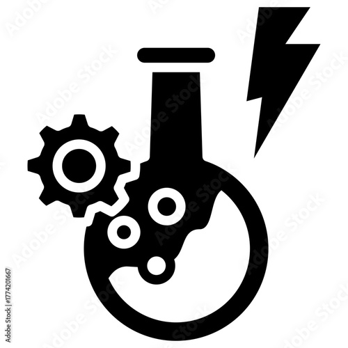 Catalyze Glyph Icon – Bold Chemistry Icon of Flask and Gear Representing Science Reaction, Catalyst Process, and Innovation Energy