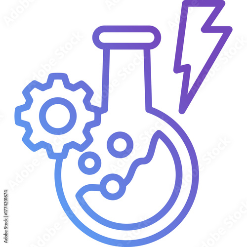 Catalyze Gradient Line Icon – Science Laboratory Flask with Gear and Lightning Symbol Representing Innovation and Reaction