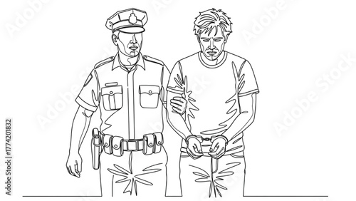 High-Quality Black Continuous Line Art of Suspect Escorted by Police Officer, Handcuffs and Uniform Outlined, Minimal Dramatic Composition