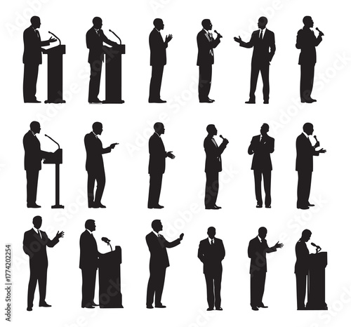 Silhouette of the president speaking at the podium with members of the press