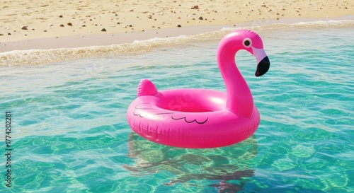 Fototapeta Naklejka Na Ścianę i Meble -  Vibrant Flamingo Float bobbing in turquoise sea water at sandy beach