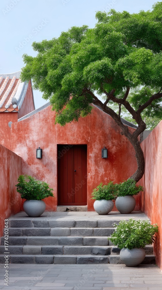 Fototapeta premium Vibrant Red Textured Building Facade With Stone Steps Leading To A Wooden Door Under A Lush Green Tree In Soft Sunlight