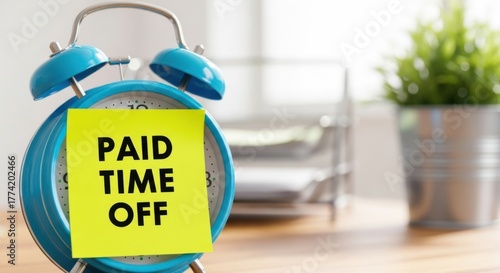 Alarm clock shows paid time off message with blurred office background