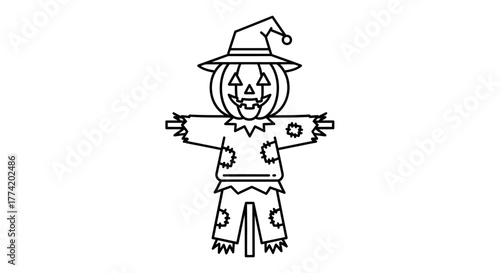 Outlined halloween scarecrow icon featuring pumpkin head and pointy hat illustration