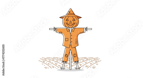 Whimsical pumpkin scarecrow guarding autumn harvest in stylized field scenery illustration