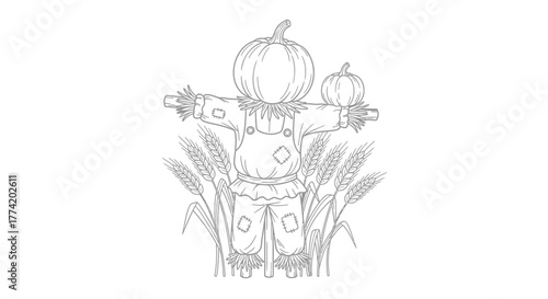 Whimsical scarecrow sketch with pumpkin heads amid golden wheat field outline