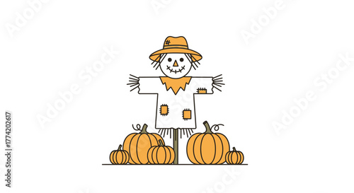 Charming scarecrow with festive pumpkins creating an autumn harvest season aesthetic composition