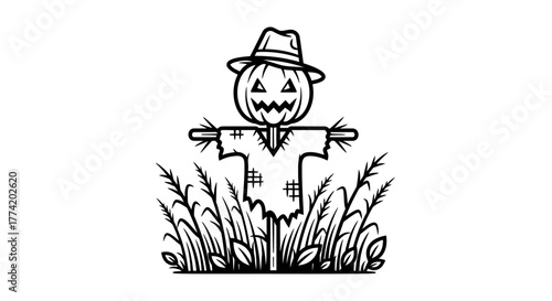 Whimsical Halloween Scarecrow Outline Illustration with Pumpkin Head and Harvest Field