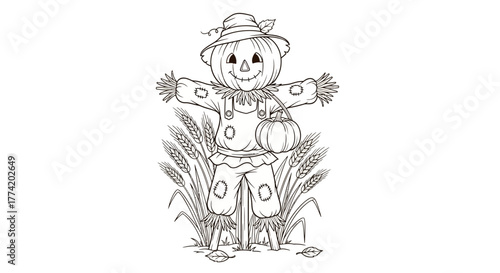Delightful hand-drawn scarecrow with a pumpkin head standing in a wheat field coloring page
