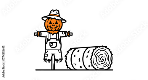 Whimsical autumn scene with scarecrow wearing pumpkin head and a round hay bale
