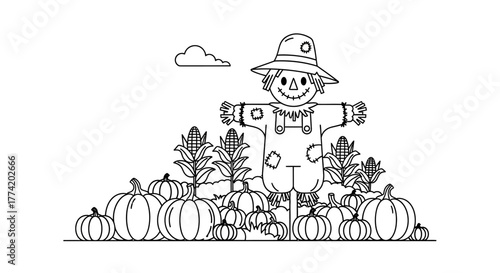 Line art illustration featuring a scarecrow surrounded by pumpkins and corn stalks under a cloud