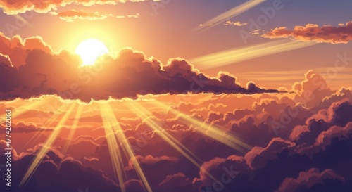 Vibrant golden sunlight beaming through the fluffy clouds in a serene sky vista