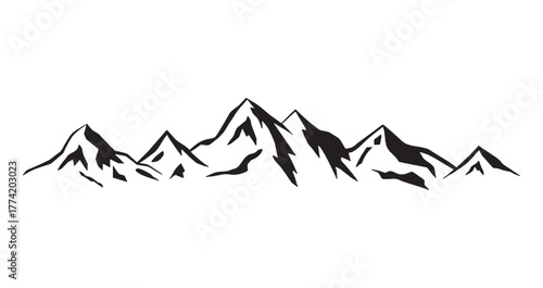 A graphic illustration of a mountain range silhouette, featuring jagged peaks and valleys against a white background.