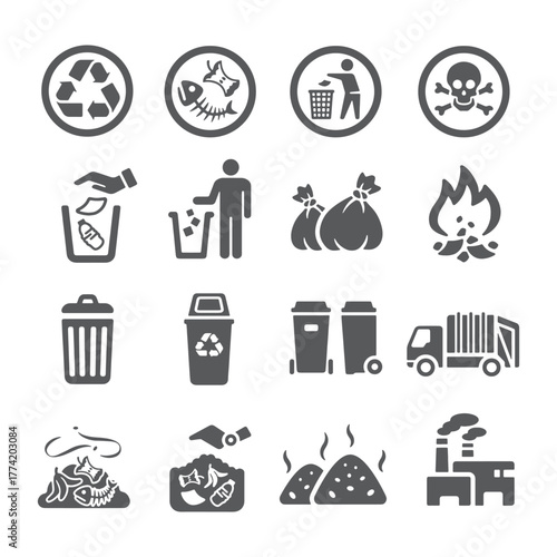 Collection of vector icons depicting various waste management and disposal methods, including recycling, trash, hazardous waste, and industrial pollution.