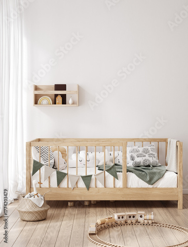 Wall mockup in children room, light cozy interior with wooden crib, 3D render