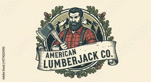 Vintage lumberjack company logo with a bearded man holding an axe and mountain scenery design
