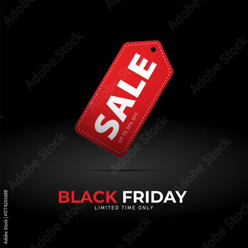 Black Friday Red Sale Tag Up To 50 Percent OFF On Isolated Black Background. Suitable For Black Friday Business Holiday