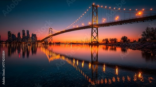 Suspension bridge illuminated at sunset reflecting on river.