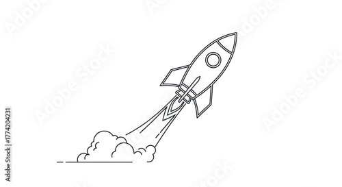 Minimalist line art illustration depicting a stylized rocket launching into space exploration