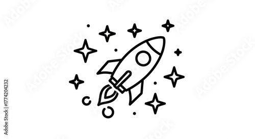 Elegant outlined vector drawing featuring a rocket ship with stars on a white isolated background