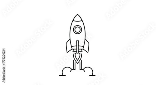 Stylized line drawing of a rocket launching into space symbolizing innovation