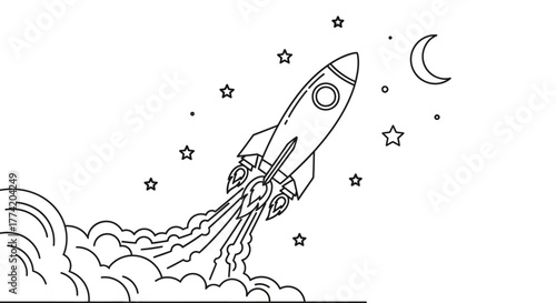 Doodle style rocket launch into space among celestial stars and crescent moon in monochrome design