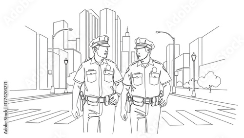 High-Quality Black Continuous Line Art of Two Police Officers Walking Together on City Street, Badges and Uniform Details Outlined, Minimalist Urban Law Enforcement Scene