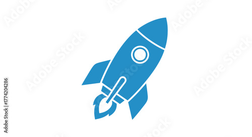 Blue rocket ship icon launching upwards on a clean white background for creative projects