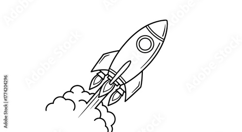 A retro rocket ship ascends with smoke trails towards undiscovered horizons and possibilities