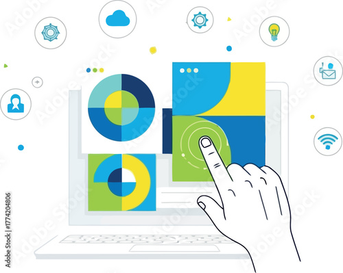 Hand touching screen with data charts