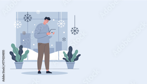 Flat illustration of a lonely man using tablet indoors during snowy winter isolation and remote work