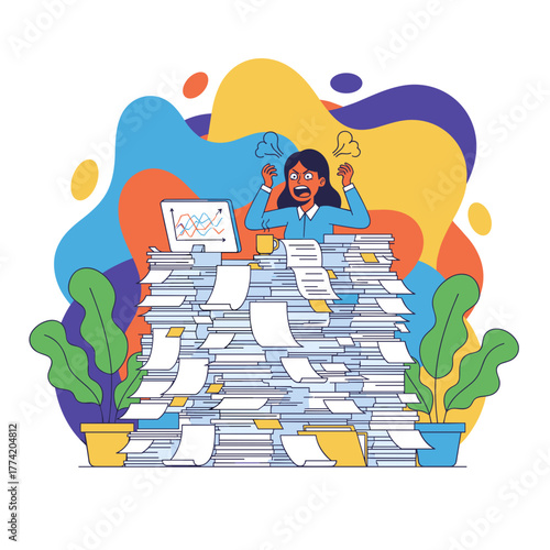 Businesswoman stressed by immense paperwork burden and excessive workload