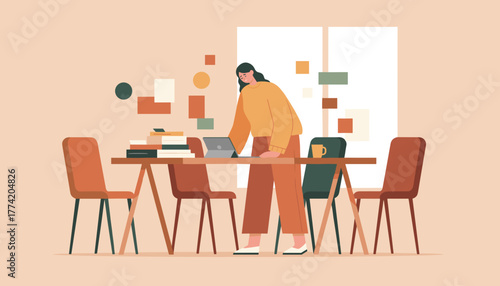 Focused woman uses laptop at modern office desk Remote work business meeting or education illustration