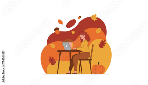 Woman works on laptop in autumn setting with fall leaves and pumpkin Remote work illustration concept