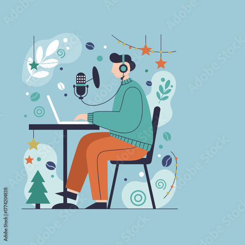 Podcaster recording episode on laptop with microphone Communication creativity and home studio concept