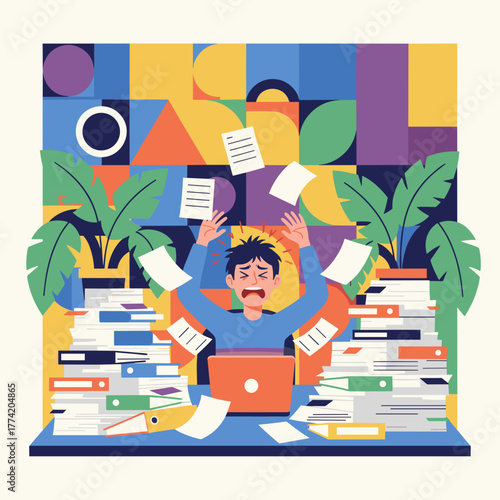 Stressed employee overwhelmed by massive paperwork and workload chaos at the office