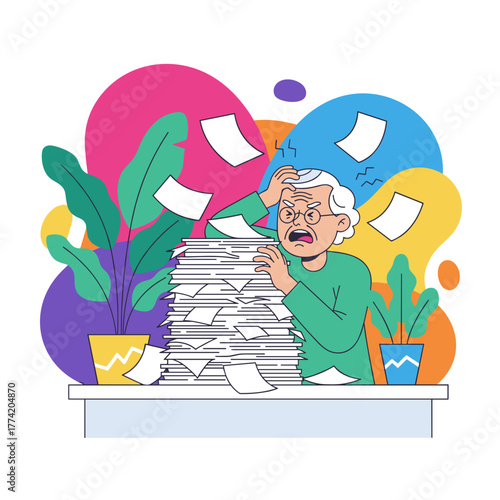 Stressed senior worker overwhelmed by a huge paperwork pile concept of bureaucracy burnout and overwork