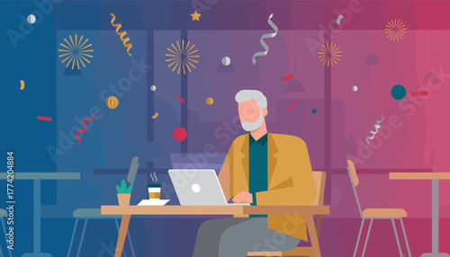 Senior man works on a laptop in a festive modern officecafe surrounded by celebratory confetti