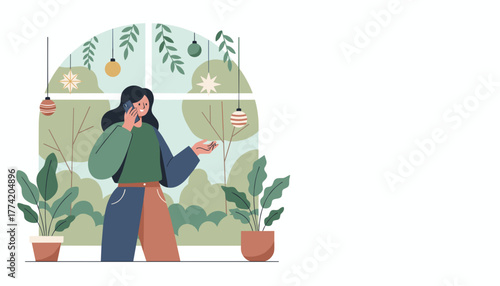 Woman happily communicating on mobile phone in a cozy plantfilled home environment