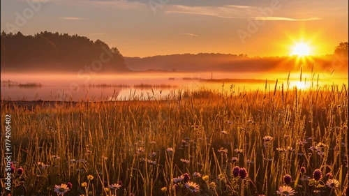 Sunrise mist over wildflower meadow and calm lake with tall grass, vibrant nature scene in peaceful morning light
