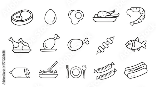 Meat Icon Set – Butchery, Steak, and Protein Food Line Vector Collection