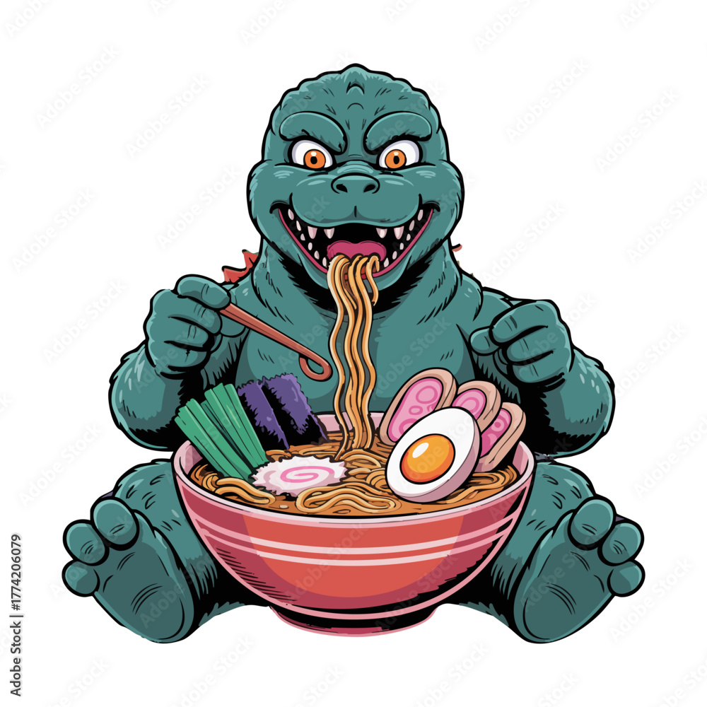 Obraz premium Monster Eating Ramen Noodles Cartoon Illustration