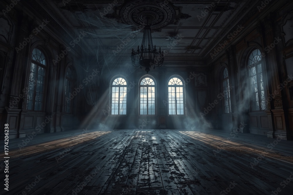 Fototapeta premium An abandoned gothic ballroom illuminated by soft moonlight. Dusty floors and broken chandeliers form a cinematic and eerie composition. 